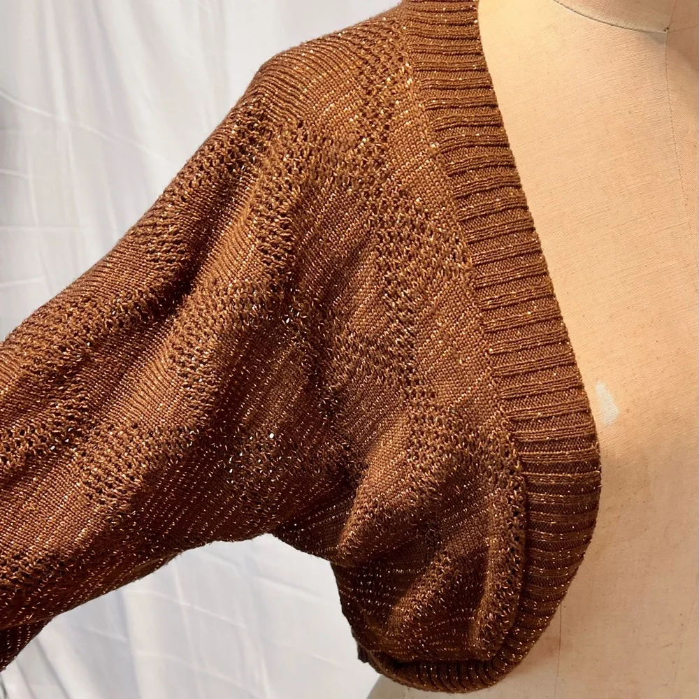 VINTAGE metallic gold bolero knit sweater cropped cardigan dolman sleeve 70s 80s - Picture 3 of 10